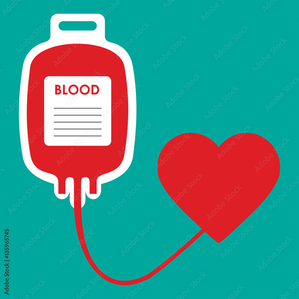 Bag with blood and heart of donor. Blood donation day