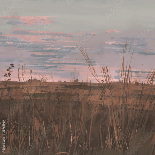 Deserted landscape with cloudy sky in autumn.