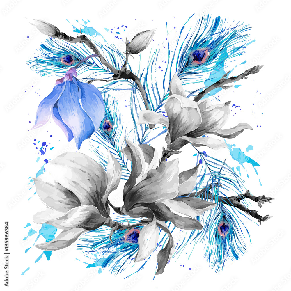 Fototapeta premium Watercolor Greeting Card with Blooming Flowers Magnolia