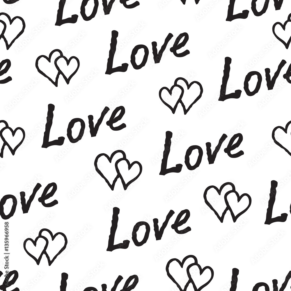 Doodle love hearts and handwritten lettering LOVE seamless pattern. Holday background Doodle love hearts and handwritten lettering LOVE seamless pattern. Holday background