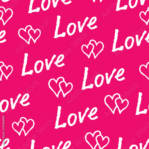 Red love hearts and handwritten lettering LOVE seamless pattern.