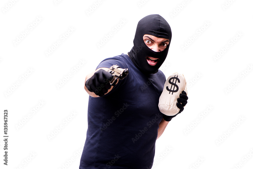 Robber wearing balaclava isolated on white Robber wearing balaclava isolated on white