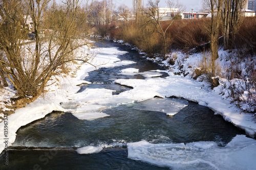 Frozen river during winter. Slovakia