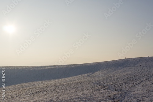 Sunset on meadow with snow during winter. Slovakia