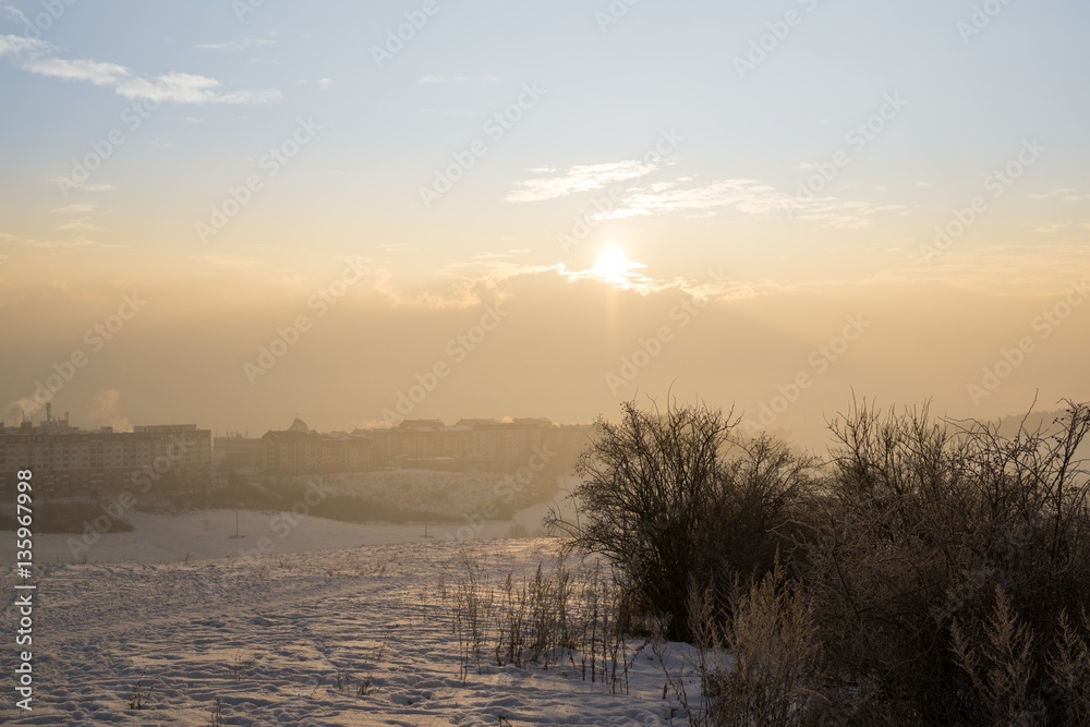 Sunrise on meadow covered by snow during winter. Slovakia Sunrise on meadow covered by snow during winter. Slovakia