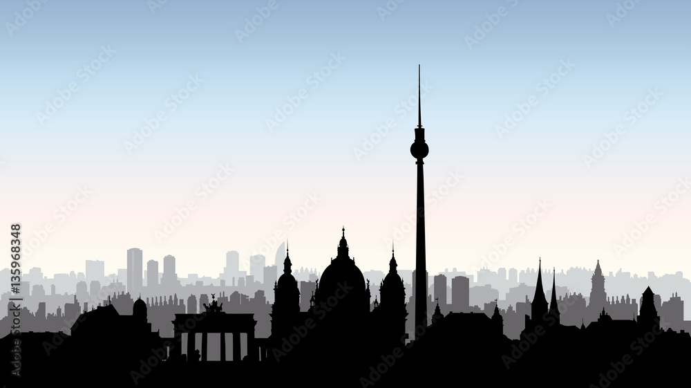 Naklejka premium Sylwetka budynków miasta Berlina. Niemiecki krajobraz miejski. Panoramę Berlina
