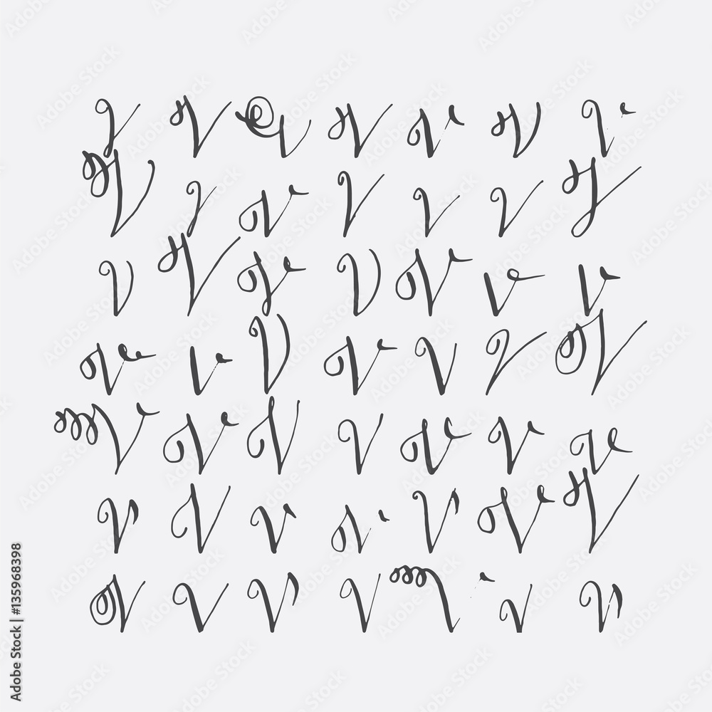 Vector set of calligraphic letters V, handwritten with pointed nib, decorated with flourishes and decorative elements. Isolated on grey black imperfect letters sequence. Various shapes collection.