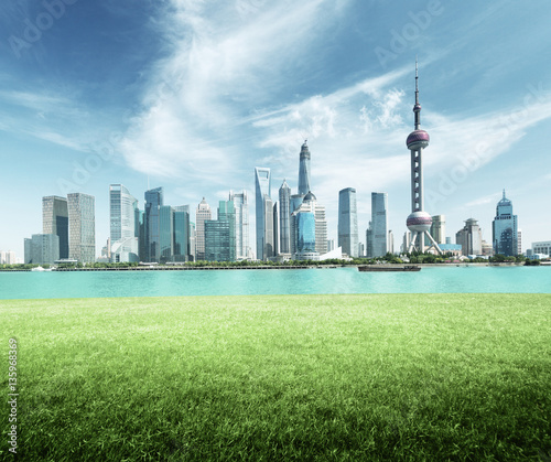 Shanghai skyline and green grass in park, China © Iakov Kalinin