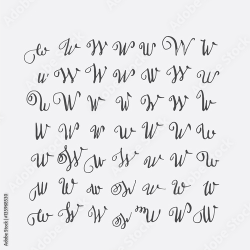 Vector set of calligraphic letters W, handwritten with pointed nib, decorated with flourishes and decorative elements. Isolated on grey black imperfect letters sequence. Various shapes collection.
