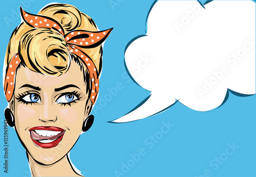 Pin up style smiling woman portrait with speech bubble, pop art girl stick out tongue, vector illustration