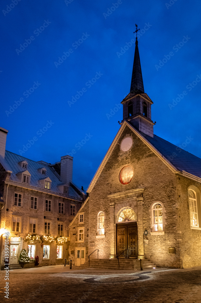 Notre Dame des Victories Church at night - Quebec City, Quebec, Canada