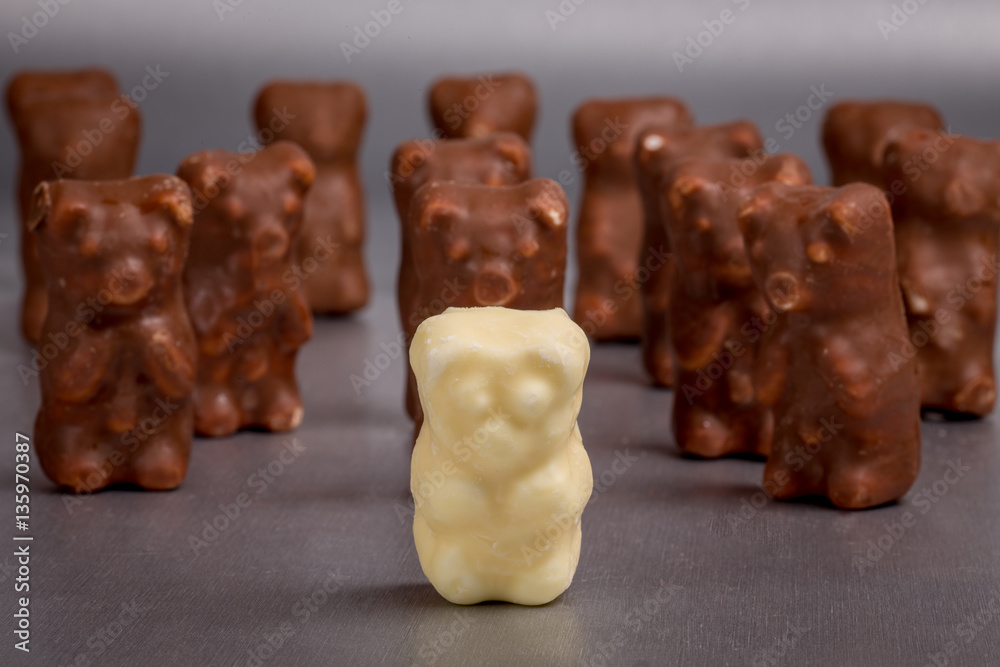 un ours blanc friandise isolé devant d'autres ours en chocolat un ours blanc friandise isolé devant d'autres ours en chocolat