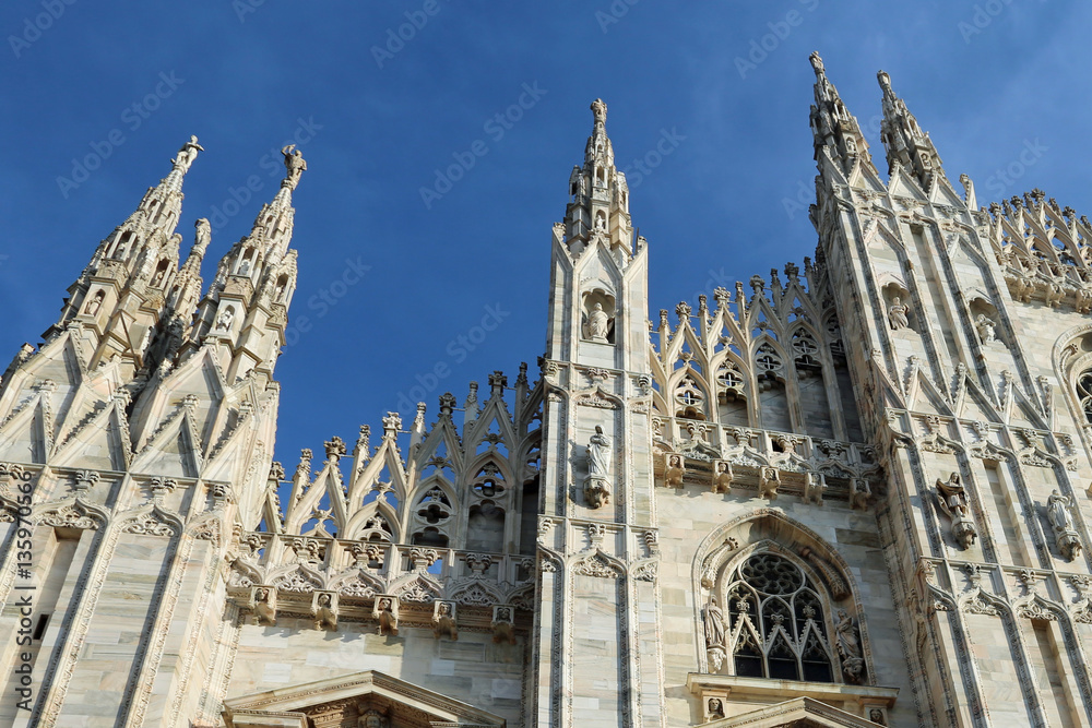 Detail of Facade of Gothic Cathedral in Milan Italy
