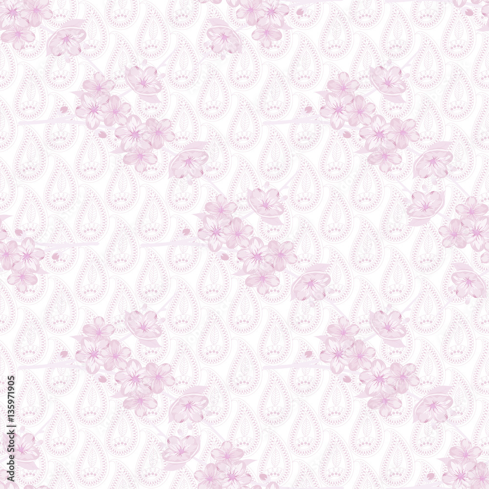 Seamless sakura blossom pattern on a white background. Japanise background. Vector illustration.