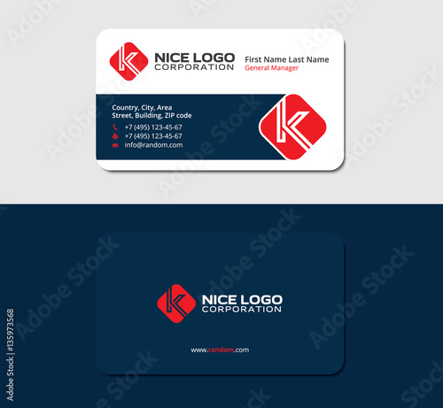 business card with the letter K, red color, dark blue backside