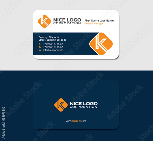 business card with the letter K, orange color, dark blue backside