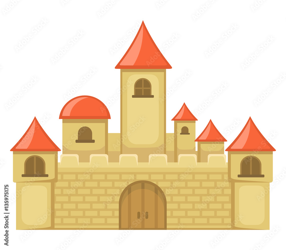 Cartoon medieval castle on white background.
