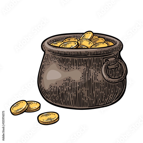 Pot of gold coins.. Vector vintage engraving color illustration