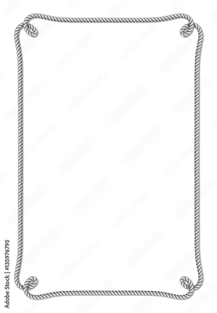 Gray rope woven vector border with rope knots, vertical vector frame, isolated on white background