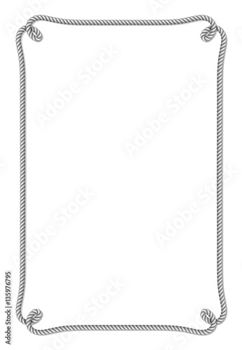 Obraz na płótnie Gray rope woven vector border with rope knots, vertical vector frame, isolated on white background w salonie