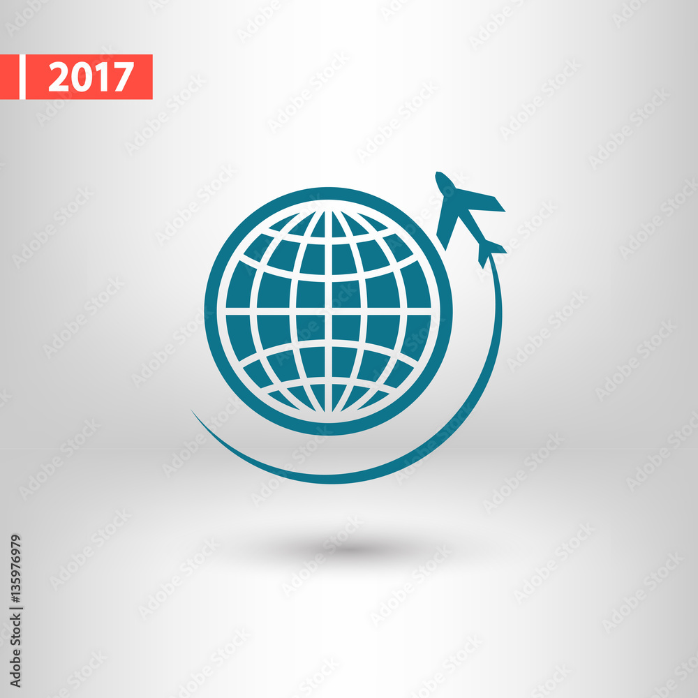 Globe with airplane icon, vector illustration. Flat design styl Globe with airplane icon, vector illustration. Flat design styl