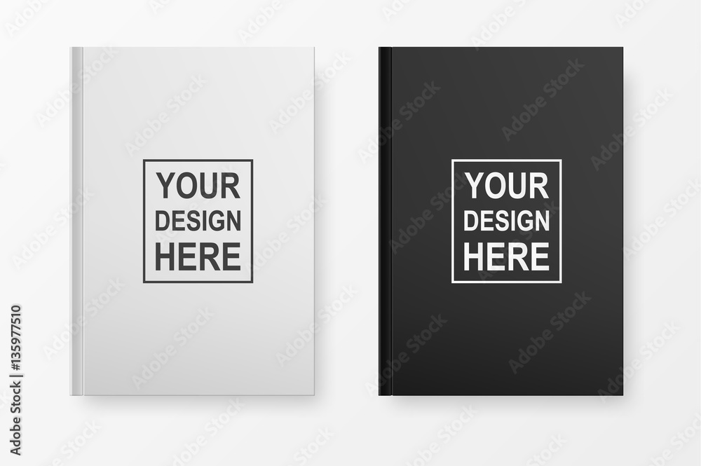 Obraz premium Realistic book blank cover set. Black and white template isolated on white. Vector mock up.