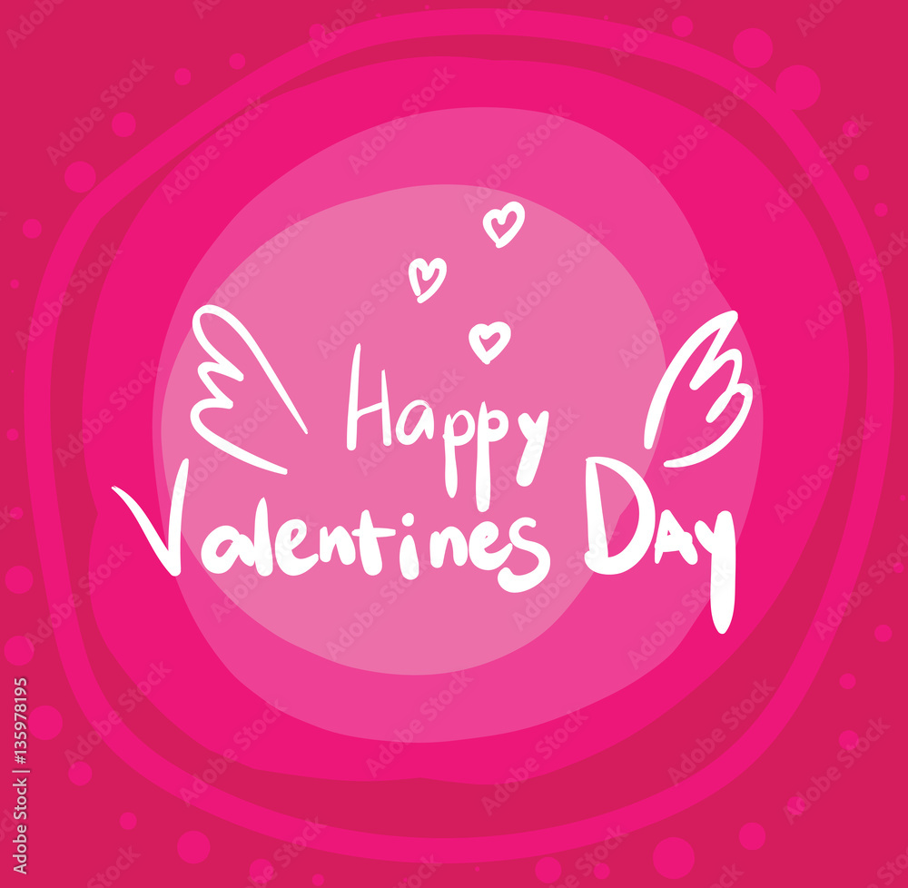 White text with wings Valentine's Day on a pink background. Greeting card, banner, logo and emblem.