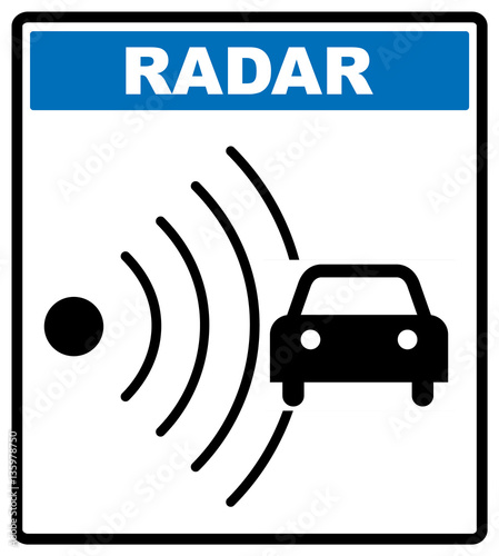 Speed road radar icon. Notice traffic symbol in blue circle isolated on white with text. Vector illustration