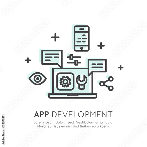 Vector Icon Style Illustration of Application Development Process. Interface, layout and performance optimization progress