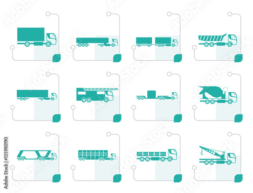 Stylized different types of trucks and lorries icons - Vector icon set