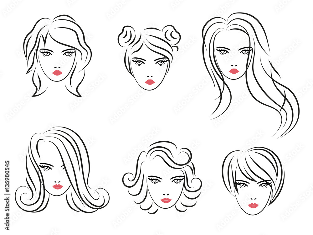 Set of sketch hairstyles for women. Vector illustration. 