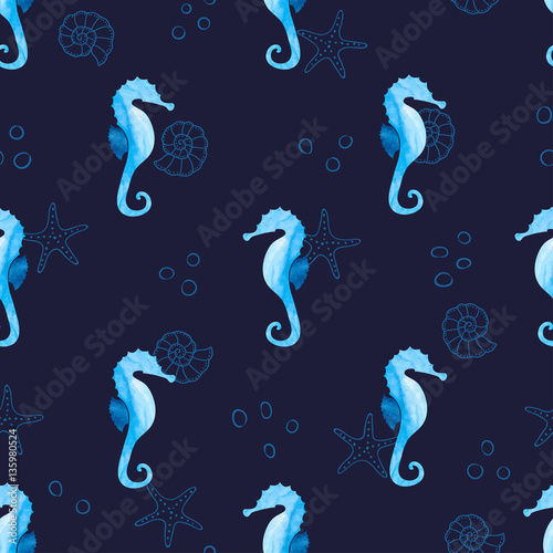 Tapety Akwarela niebieski wzór z koników morskich i rozgwiazdy. Tło wektor morze