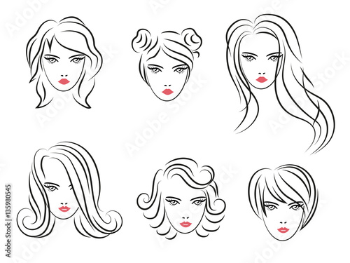 Set of sketch hairstyles for women. Vector illustration. 