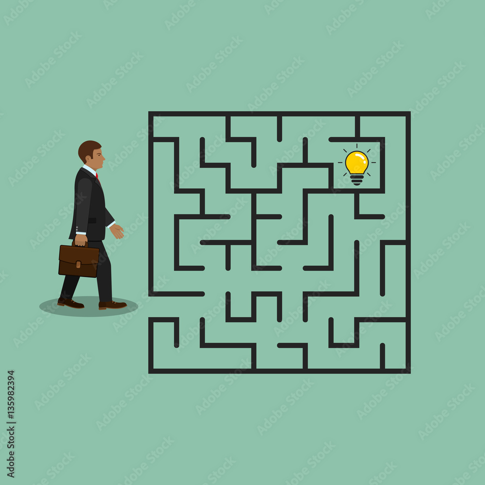 Businessman in labyrinth search idea light bulb, vector.