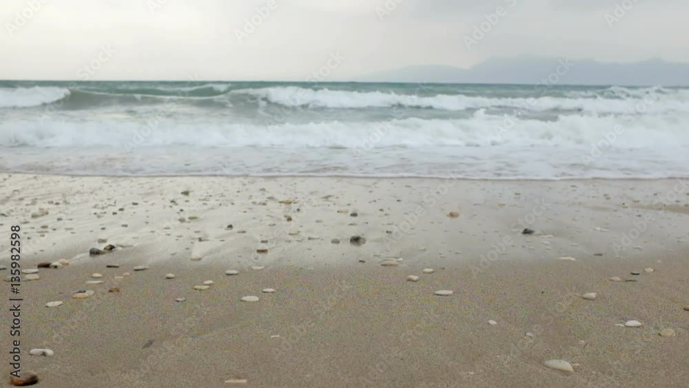 Sea waves on sandy beach, Greece, Ionian Sea landscape, HD 1080 Sea waves on sandy beach, Greece, Ionian Sea landscape, HD 1080