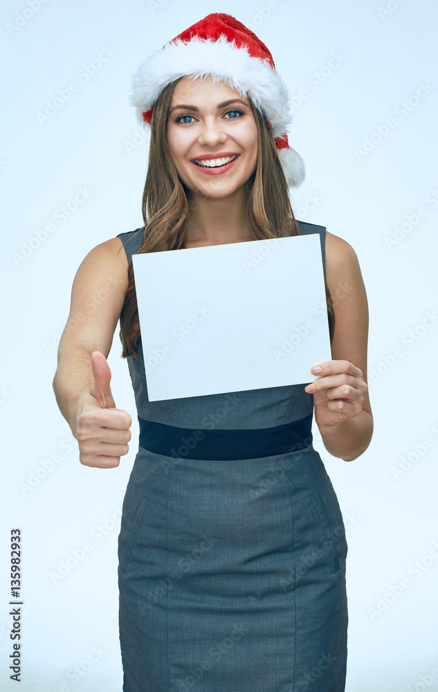 smiling young woman . thumb up. advertising banner. christmas ha smiling young woman . thumb up. advertising banner. christmas ha