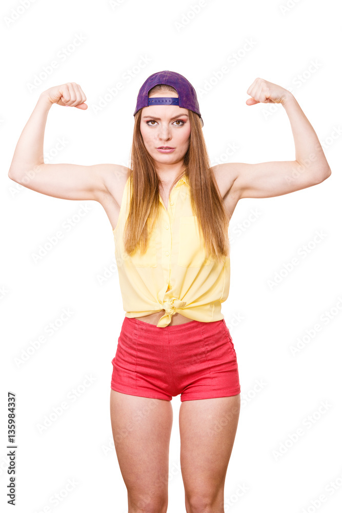 Woman casual style showing off muscles biceps Woman casual style showing off muscles biceps