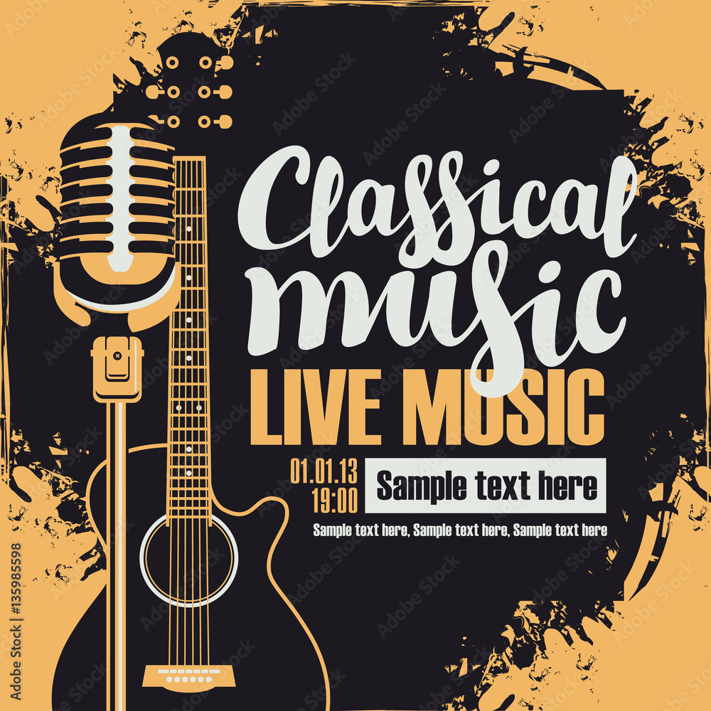 Fototapeta premium poster for a concert of classical music with an acoustic guitar and a microphone for the concert of live music