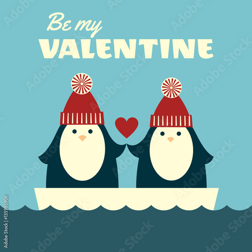 Greeting card. Vector retro styled illustration of a couple of penguins in red knitted hats, standing on an ice floe and holding hands. Blue background. Square format. Text "Be my Valentine".