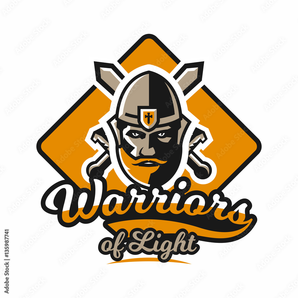 Logo on the warrior. The face of a bearded man in a medieval helmet and swords cross. Hero, barbarian, defender of the castle knight, paladin. Badges shield, lettering. Vector illustration.