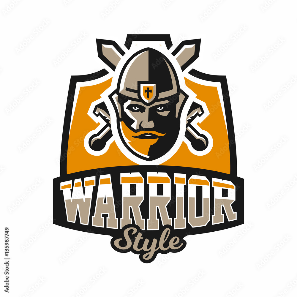 Logo on the warrior. The face of a bearded man in a medieval helmet and swords cross. Hero, barbarian, defender of the castle knight, paladin. Badges shield, lettering. Vector illustration.