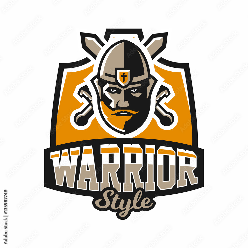 Logo on the warrior. The face of a bearded man in a medieval helmet and swords cross. Hero, barbarian, defender of the castle knight, paladin. Badges shield, lettering. Vector illustration. Logo on the warrior. The face of a bearded man in a medieval helmet and swords cross. Hero, barbarian, defender of the castle knight, paladin. Badges shield, lettering. Vector illustration.
