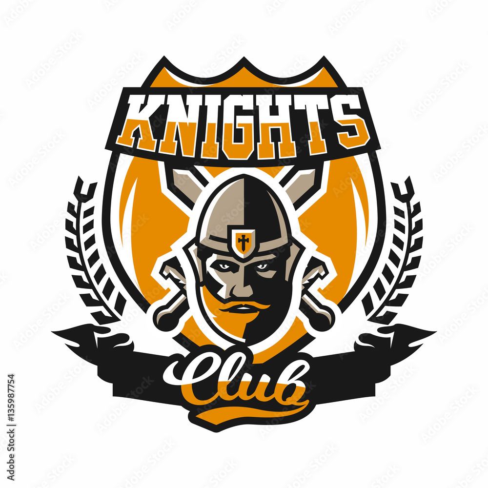 Logo on the warrior. The face of a bearded man in a medieval helmet and swords cross. Hero, barbarian, defender of the castle knight, paladin. Badges shield, lettering. Vector illustration.