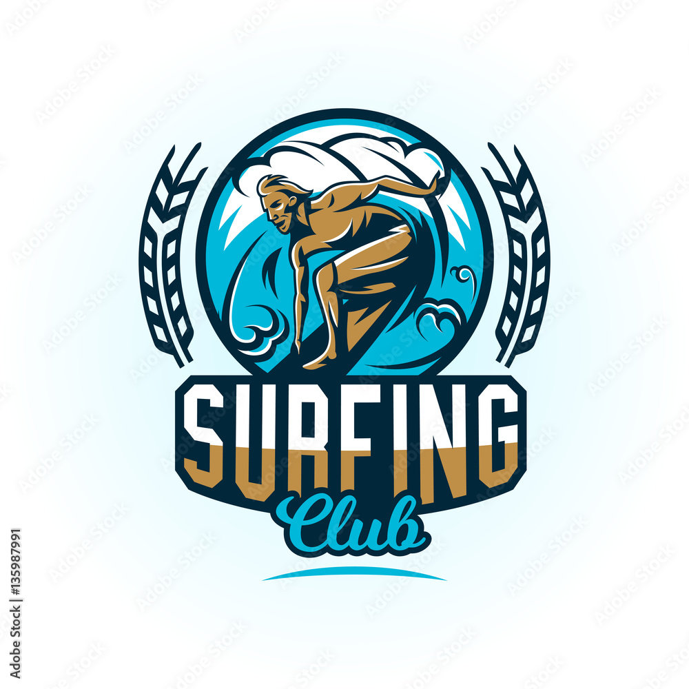 Logo on surfing. The emblem of male surfer on the board. Beach, waves, tropical island. Extreme sport. Badges shield, lettering. Vector illustration. Logo on surfing. The emblem of male surfer on the board. Beach, waves, tropical island. Extreme sport. Badges shield, lettering. Vector illustration.