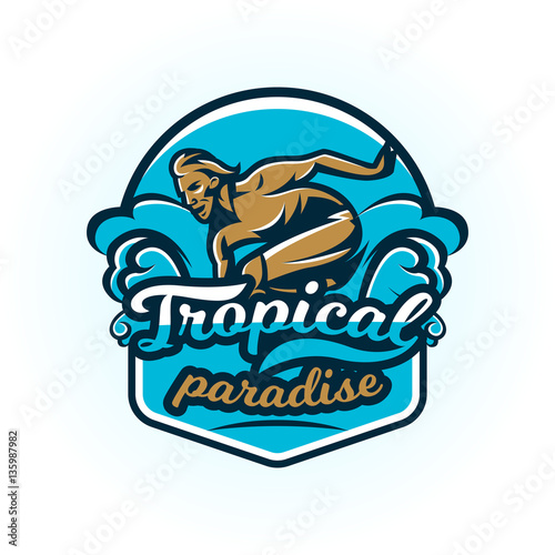 Logo on surfing. The emblem of male surfer on the board. Beach, waves, tropical island. Extreme sport. Lettering. Vector illustration.