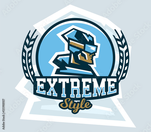 Logo on skiing. Emblem the skier faces in profile, ski goggles, cap. Extreme winter sport. Badges shield, lettering. Vector illustration.