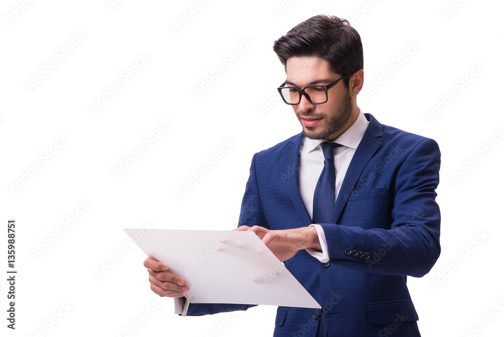 Businessman working on tablet isolated on the white background Businessman working on tablet isolated on the white background