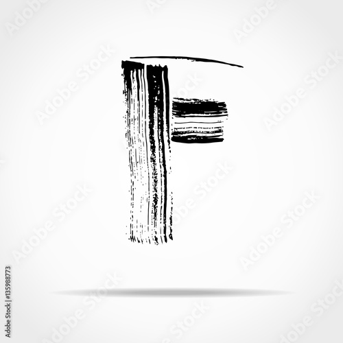 Letter F. Handwritten by dry brush. Rough strokes font. Vector illustration. Grunge style alphabet.