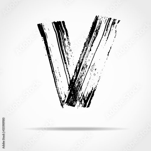Letter V. Handwritten by dry brush. Rough strokes font. Vector illustration. Grunge style alphabet.