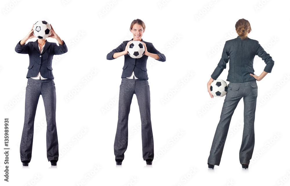 Obraz premium Businesswoman with football on white
